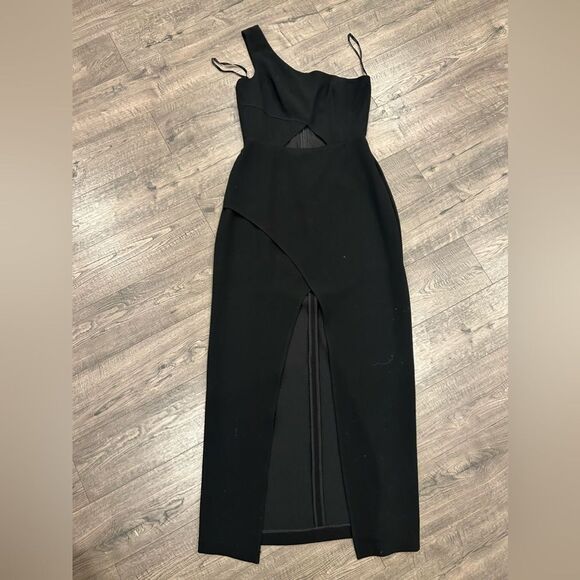 BCBGMAXAZRIA  Black One Shoulder Cut Out Front Slit Dress - Picture 2 of 6